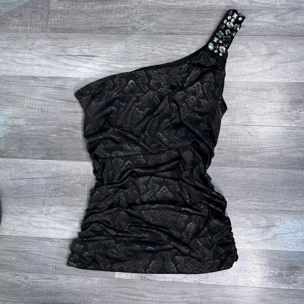 Y2K One Shoulder Metallic Black Gold Ruched Party Top Beaded Strap Going Out Top